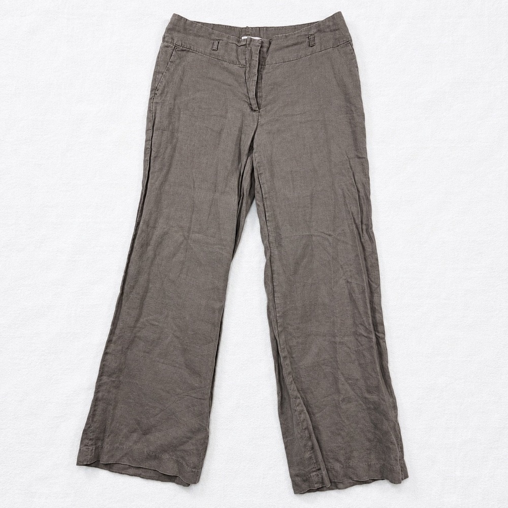 HM Womens 100% Linen Wide Leg Pants Taupe Brown Size 14 Relaxed Summer Trousers